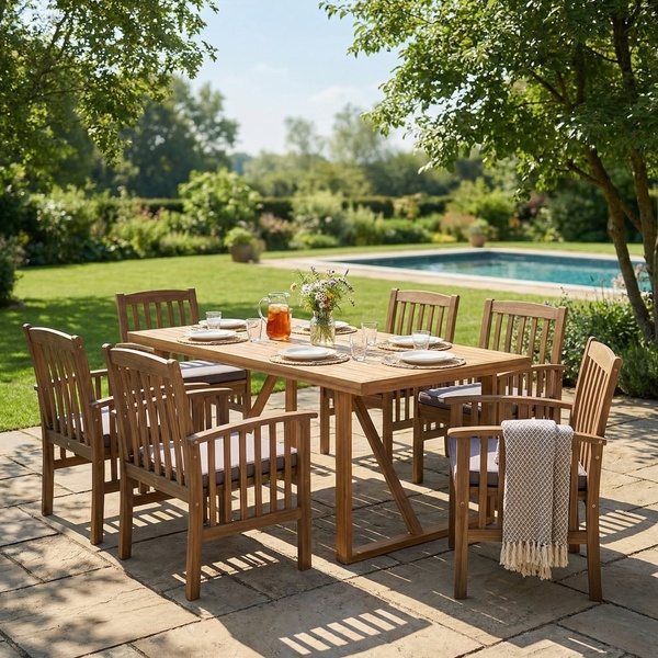 outdoor dining set, patio furniture set, teak dining set, outdoor table, patio chairs, product demo, lifestyle, outdoor, calm, warm, brown, green, neutral